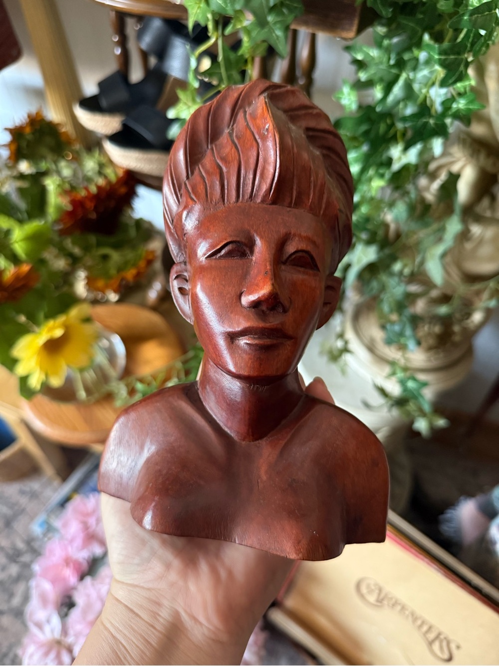 Hand-Carved Wooden Bust Sculpture in Rich Brown